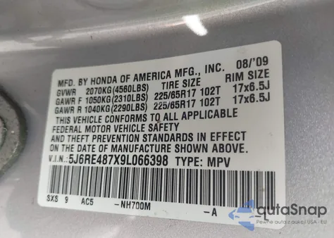 2009 Honda Cr-V Ex-L из США, поврежденный, VIN 5J6RE487X9L066398